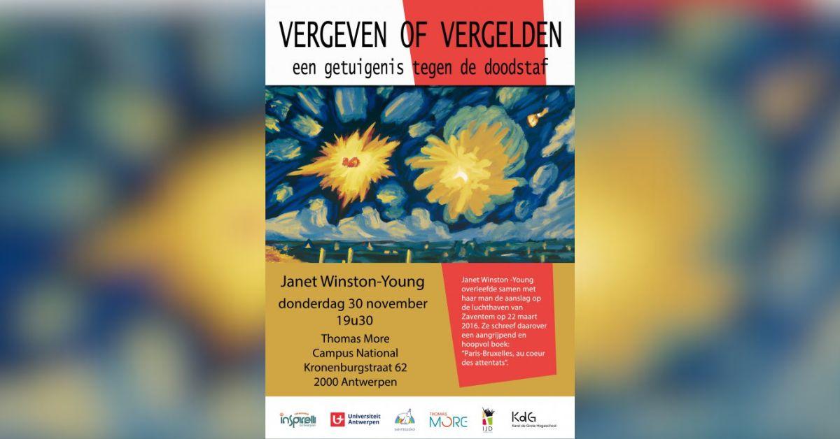 Janet Winston-Young, slachtoffer aanslag Zaventem, is te gast op donderdag 30 november 2023, de internationale actiedag ‘Cities for Life – Steden tegen de doodstraf’, om 19u30 in Thomas More: Campus National, Kronenburgstraat 62, 2000 Antwerpen.